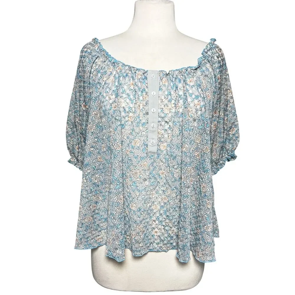 NWT FREE PEOPLE Women’s Astra Floral Print Mesh Peasant Top Medium - Picture 4 of 7
